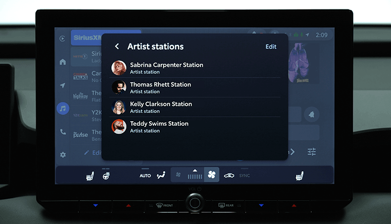 A SiriusXM infotainment screen for Toyota with 360L displays a list of artist stations, including Sabrina Carpenter, Thomas Rhett, Kelly Clarkson, and Teddy Swims.