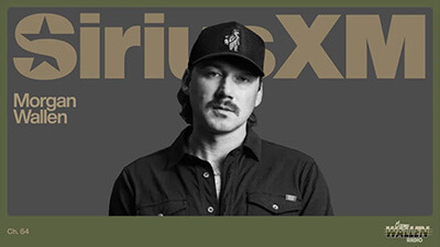 Black and white image of a man in a dark shirt and baseball cap, with bold SiriusXM and Morgan Wallen text behind him. What’s New on SiriusXM and radio information appear at the bottom.