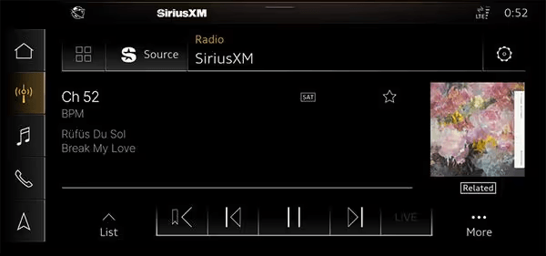A SiriusXM infotainment screen for Audi with a 360L radio displays SiriusXM channel 52 BPM playing Brighter Love by Rüfüs Du Sol. Playback controls are visible, and album art is displayed on the right side of the screen.