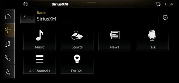 A SiriusXM infotainment screen for Audi with a 360L radio displays genre category options for Music, Sports, News, Talk, All Channels, and For You, along with icons for each category.