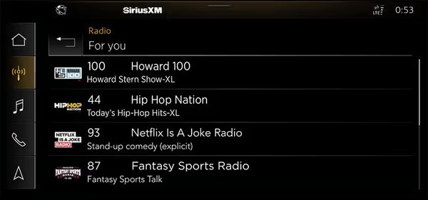 A SiriusXM infotainment screen for Audi with a 360L radio displays a list Personalization 'For You' options including Howard 100, Hip Hop Nation, Netflix Is A Joke Radio, and Fantasy Sports Radio.