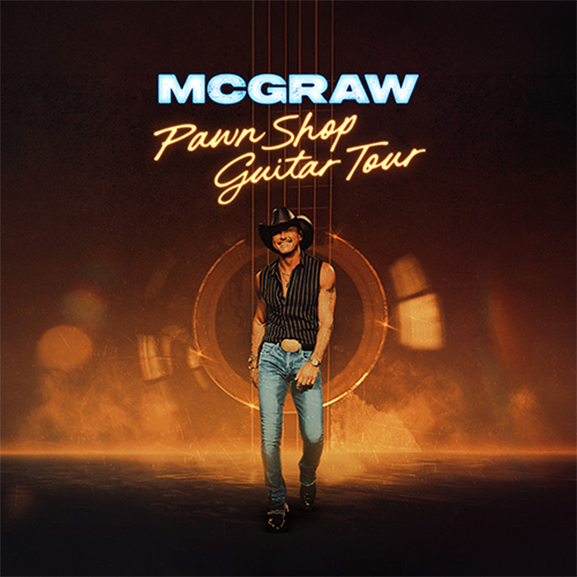 A man in a cowboy hat and sleeveless shirt stands smiling under neon text that reads MCGRAW Pawn Shop Guitar Tour, with a glowing guitar outline in the background—a perfect moment for any Fan Absolue of concerts.