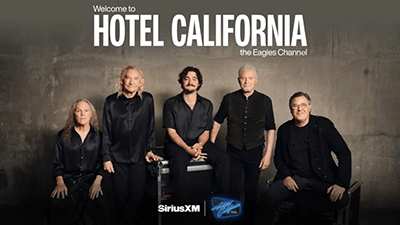 Five band members dressed in black pose against a plain gray background with text reading What’s New: Welcome to HOTEL CALIFORNIA the Eagles Channel above them and SiriusXM logos at the bottom.