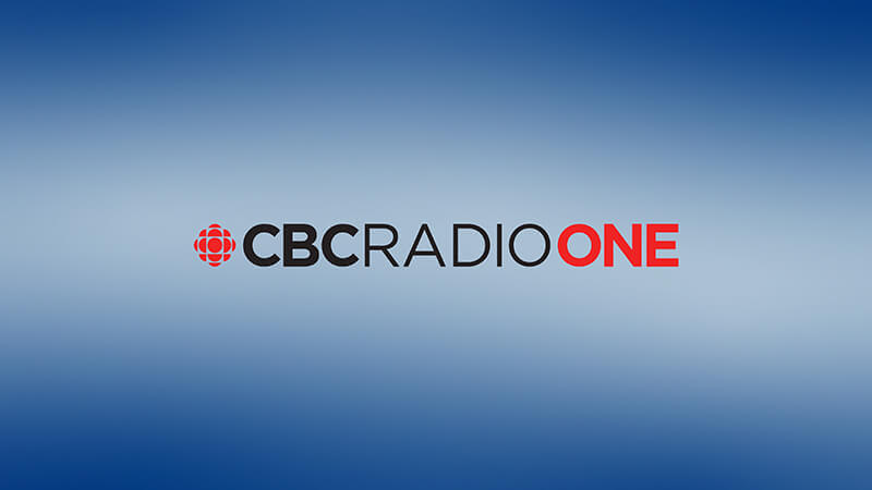 CBC Radio One logo with a red CBC emblem followed by the text CBC RADIO ONE in black and red letters, displayed on a blue gradient background. Listen to CBC Radio One on SiriusXM.