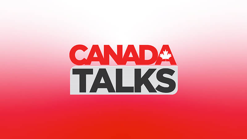 CANADA TALKS logo with CANADA in red uppercase letters featuring a maple leaf, and TALKS in bold black letters on a white background with a red gradient. Listen to Canada Talks on SiriusXM.