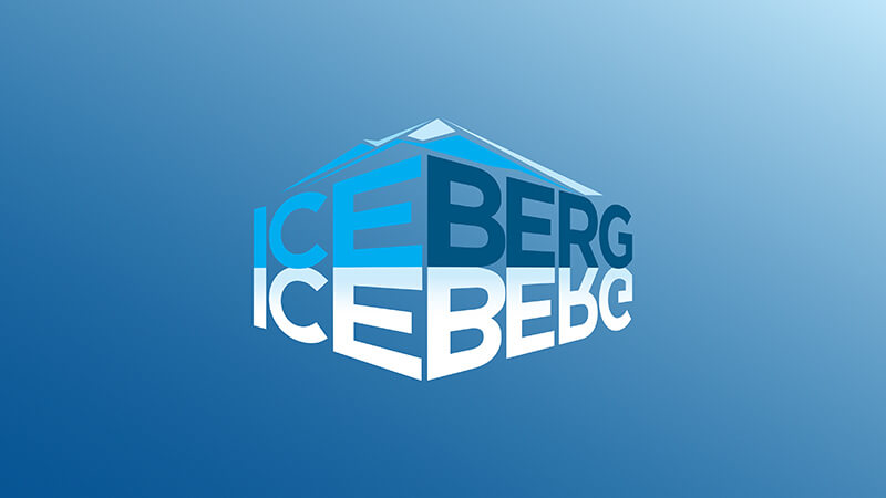 A 3D blue and white graphic of the word ICEBERG, with ICE above water and BERG reflected below, resembling an iceberg, set against a gradient blue background. Listen to Iceberg on SiriusXM.