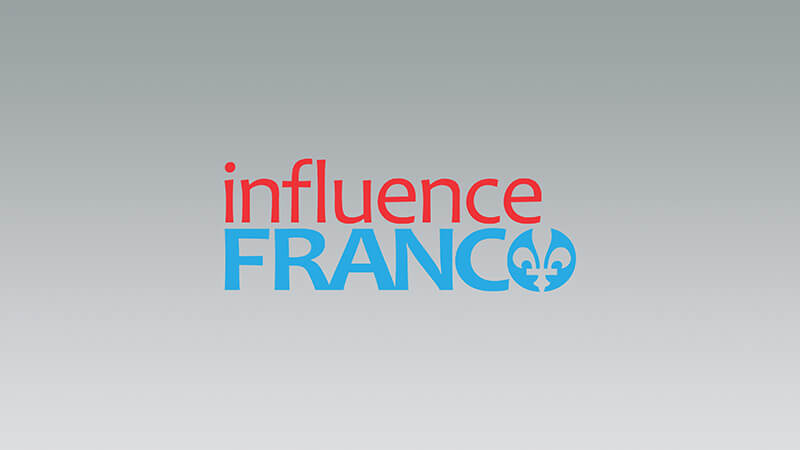 Text logo with the words influence FRANCO on a gray gradient background. Influence is in red, FRANCO is in blue, and the letter O contains a fleur-de-lis symbol. Listen to Influence Franco on SiriusXM.