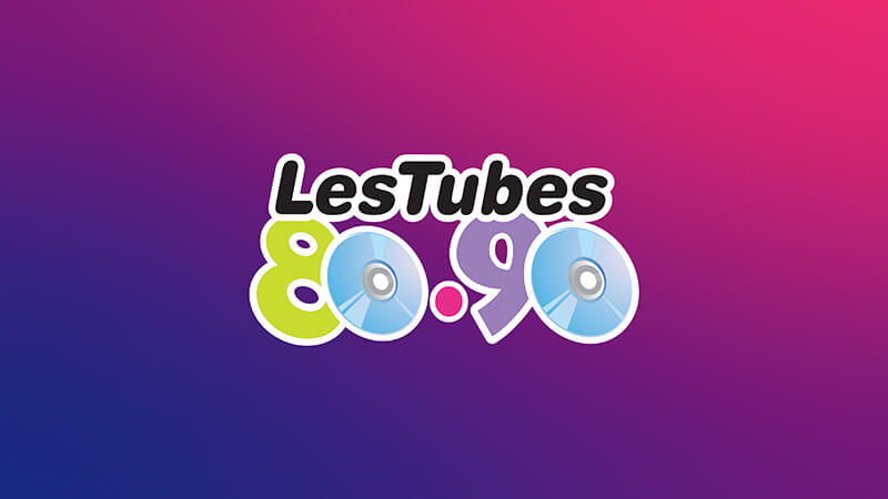 Logo reading Les Tubes 80.90 with 80 in yellow-green and 90 in purple, each number containing a CD icon, on a pink and blue gradient background. Listen to Les Tubes 80s-90s on SiriusXM.