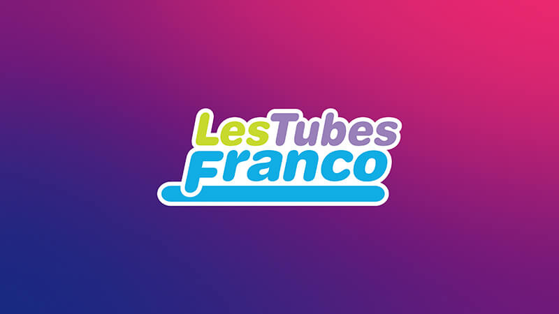 Logo with the words Les Tubes Franco in colourful, playful font on a gradient background that shifts from dark blue at the bottom to pink at the top. Listen to Les Tubes Radio on SiriusXM.