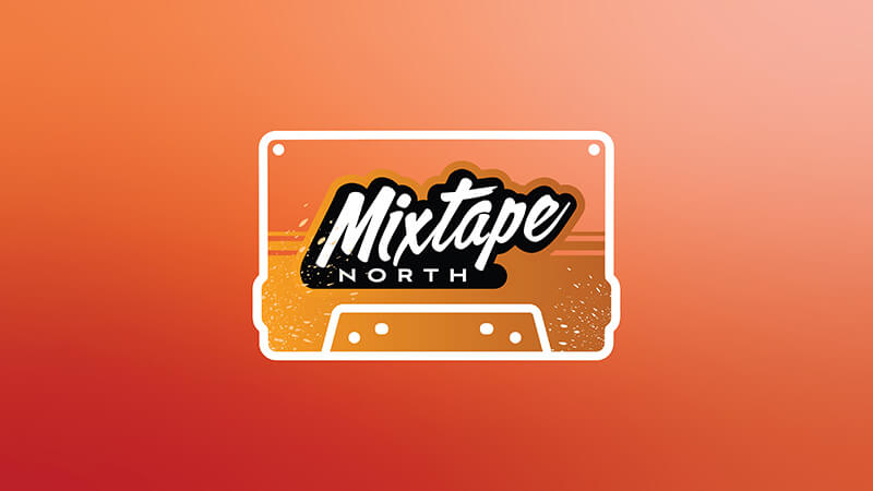 A white cassette tape outline with the text Mixtape North inside, set against a gradient orange to red background. Listen to Mixtape North on SiriusXM.