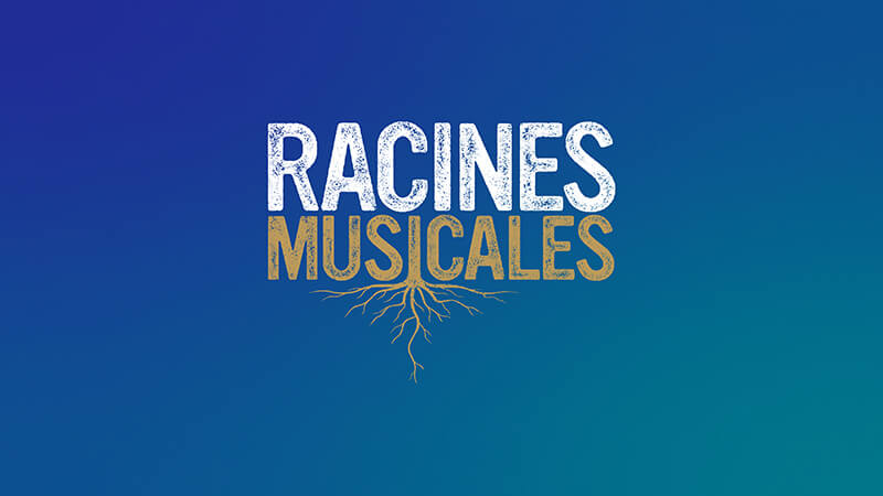 Text Racines Musicales on a blue-to-teal gradient background, with the word Musicales in gold and stylized roots extending downward from it. Listen to Racines Musicales on SiriusXM.