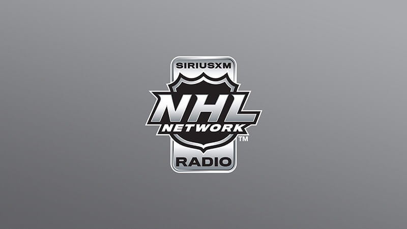 NHL Network Radio logo featuring a black and white shield with SiriusXM above and Radio below, set against a gray gradient background. Listen to SiriusXM NHL Network Radio on SiriusXM.