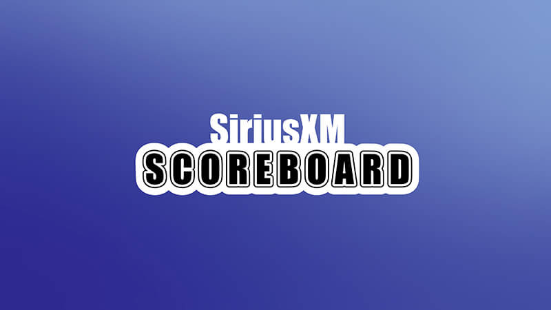 SiriusXM Scoreboard logo with bold black and white text on a blue gradient background. Listen to SiriusXM Scoreboard on SiriusXM.