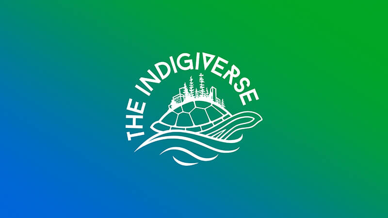 White illustration of a turtle with trees and buildings on its shell, above blue waves. The words THE INDIGIVERSE are curved around the top. Background is a blue-to-green gradient. Listen to The Indigiverse on SiriusXM.