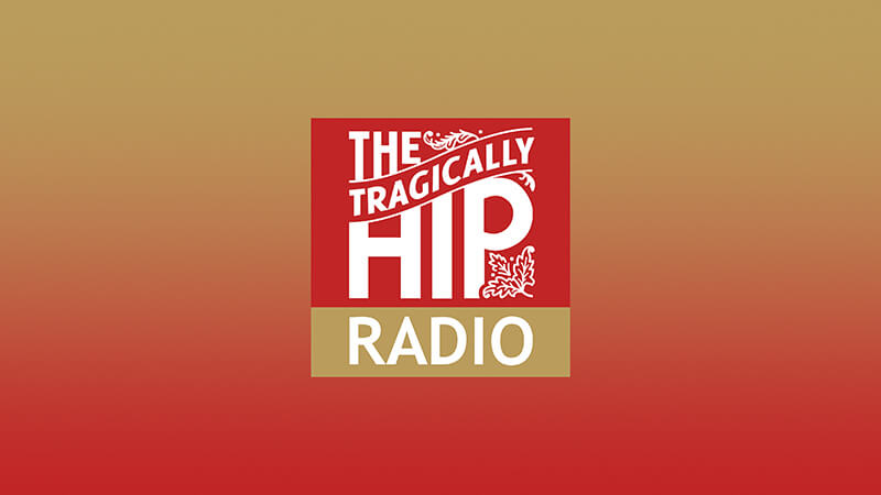 A red and gold logo with white text reading The Tragically Hip and Radio, featuring a decorative maple leaf in the corner, set against a gradient gold-to-red background. Listen to The Tragically Hip Radio on SiriusXM.