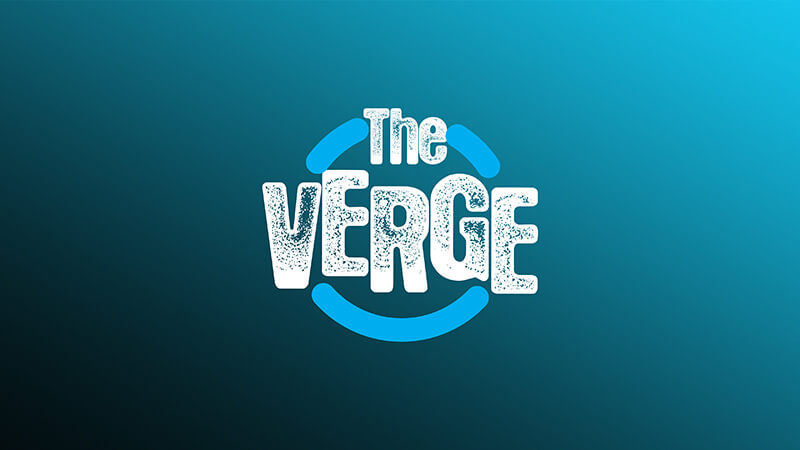 The Verge logo with white, textured text on a gradient blue background. Two blue curved lines partially surround the word VERGE. Listen to The Verge on SiriusXM.