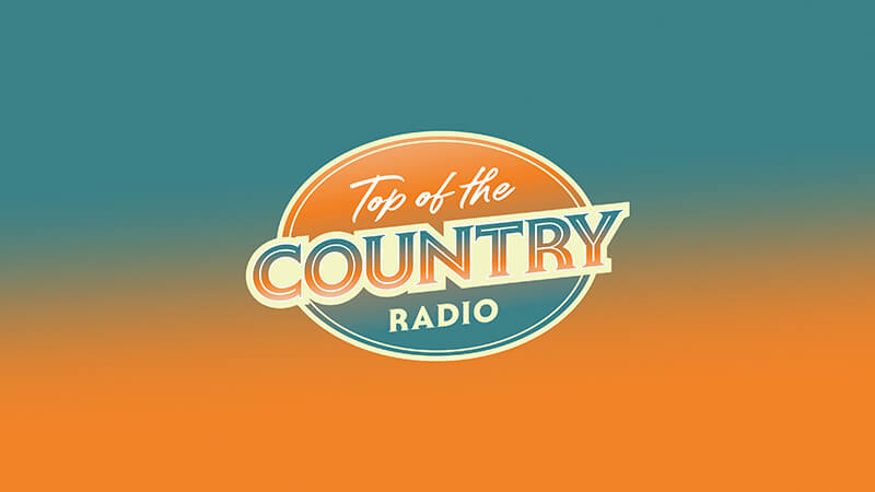 A retro-style logo with the text Top of the Country Radio in an oval shape, featuring blue, orange, and cream colours against a teal and orange gradient background. Listen to Top of the Country Radio on SiriusXM.