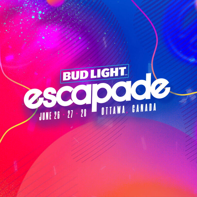Colorful digital poster for Bud Light Escapade music festival, featuring bold white text with event dates June 26-28 and location Ottawa, Canada on a vibrant blue, pink, and purple abstract background.