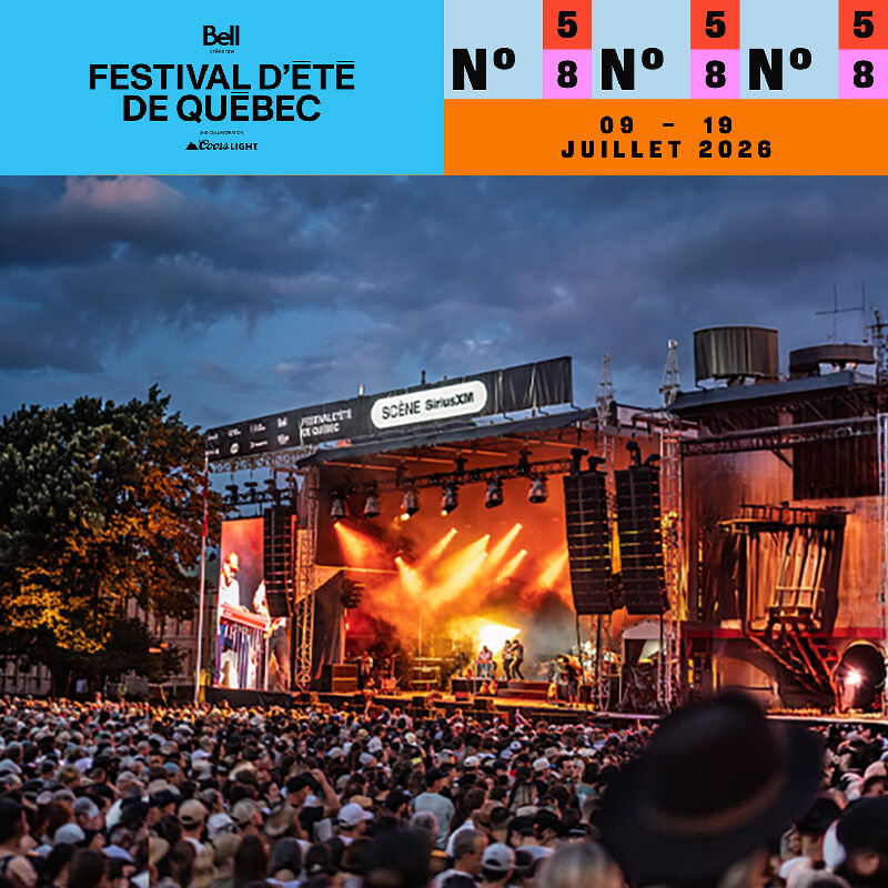 A large crowd gathers in front of an outdoor stage with colorful lights at sunset during the Festival d’été de Québec, where attendees enjoy exclusive perks and event details are displayed at the top of the image.