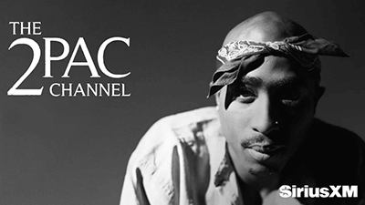 Black and white image showing Tupac Shakur wearing a bandana, looking at the camera. Text reads “The 2PAC Channel” on the left, “SiriusXM” in the bottom right. Listen to the 2Pac Channel on SiriusXM.