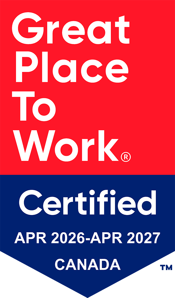 Great Place to Work Certified badge with red and blue background, text reads: Great Place to Work Certified, APR 2026-APR 2027, CANADA.