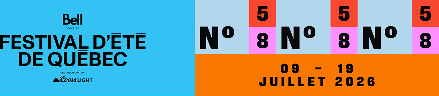 Promotional banner for Festival d'été de Québec, sponsored by Bell, showing event dates July 9–19, 2026, with bold text and colourful blocks displaying “Nº 58” against blue, pink, and orange backgrounds.