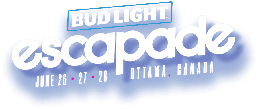 Logo for Bud Light Escapade music festival. Text reads: Bud Light Escapade, June 26 • 27 • 28, Ottawa, Canada in bold white and blue letters with a purple shadow effect.