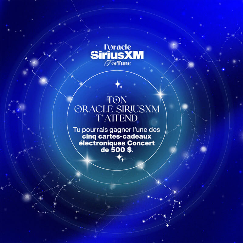 Fond bleu foncé orné de constellations d'étoiles blanches et de points lumineux. Un texte blanc centré annonce un concours SiriusXM offrant la possibilité de gagner l'une des cinq cartes-cadeaux électroniques Concert d'une valeur de 500 $.