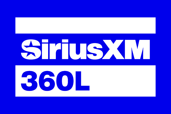 Logo SiriusXM 360L avec texte blanc sur fond bleu, avec SiriusXM stylisé au-dessus de 360L en lettres grasses.