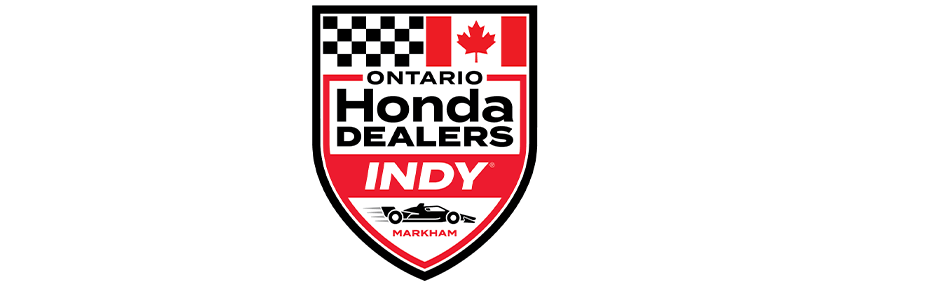 Shield-shaped logo with a checkered flag, red maple leaf, and text: Ontario Honda Dealers Indy Markham The event takes place August 14-16, 2023, in Markham, ON.