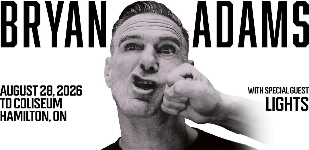 Black and white poster for Bryan Adams’ August 28, 2026 "Roll with the Punches Tour" concert in Hamilton, ON at TD Colosseum featuring a striking image of Bryan Adam's face squished by a punch. Bold text displays all event details along with special guest Lights.