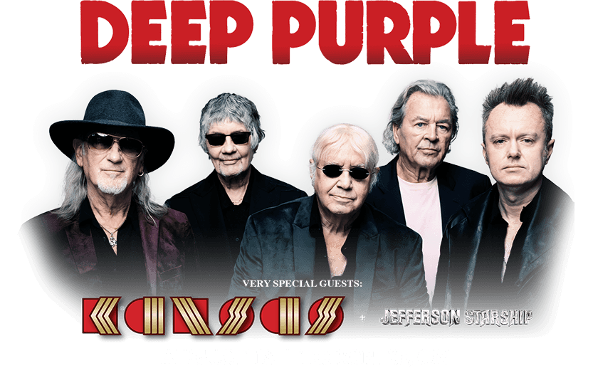 Five band members of Deep Purple stand together wearing dark clothing and sunglasses. The iconic DEEP PURPLE logo is in large red text above, with special guests Kansas and Jefferson Starship listed below.