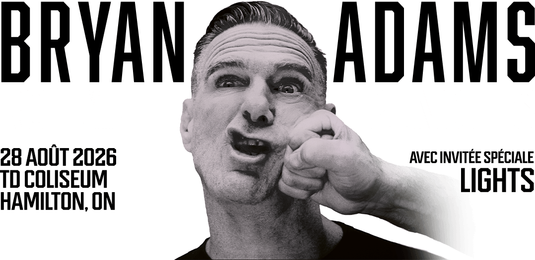 Black and white poster of Bryan Adams being playfully punched in the face, promoting his concert on August 28, 2026, at TD Coliseum in Hamilton, ON, with special guest Lights—a dynamic image capturing the spirit of this exciting concours event.