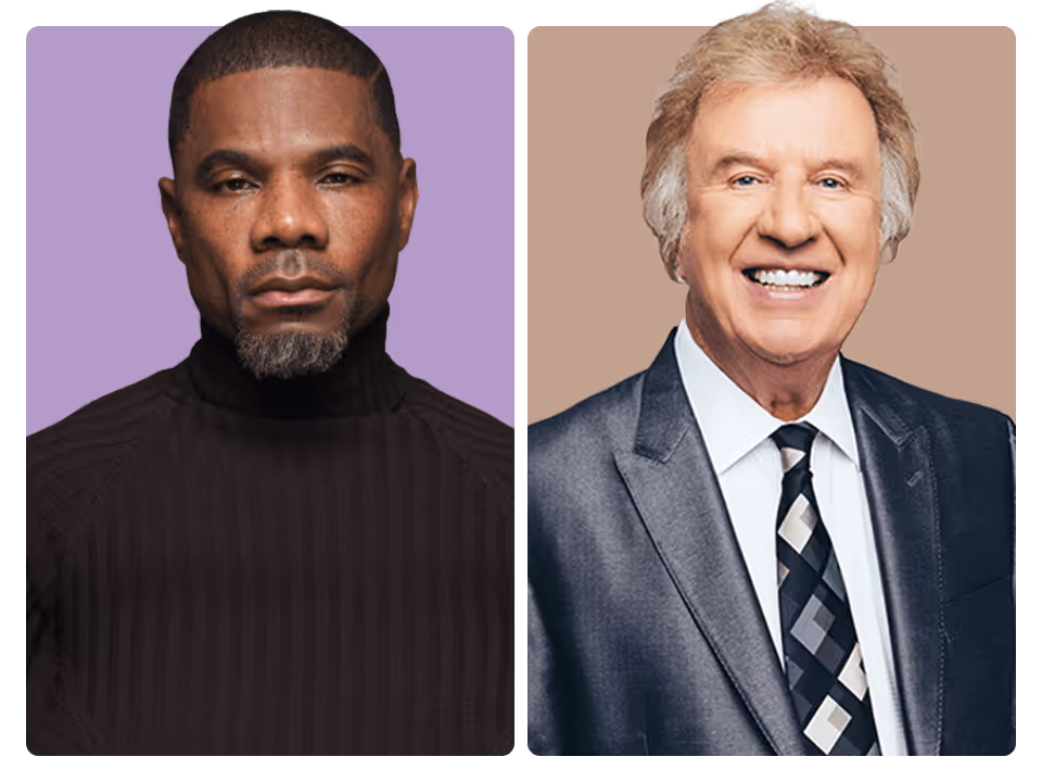 Deux hommes sont photographiés côte à côte. Kirk Franklin, à gauche, a les cheveux courts, une barbe taillée et porte un col roulé noir. Bill Gaither, à droite, est en costume et cravate à motifs, et sourit. Écoutez de la musique chrétienne sur SiriusXM.