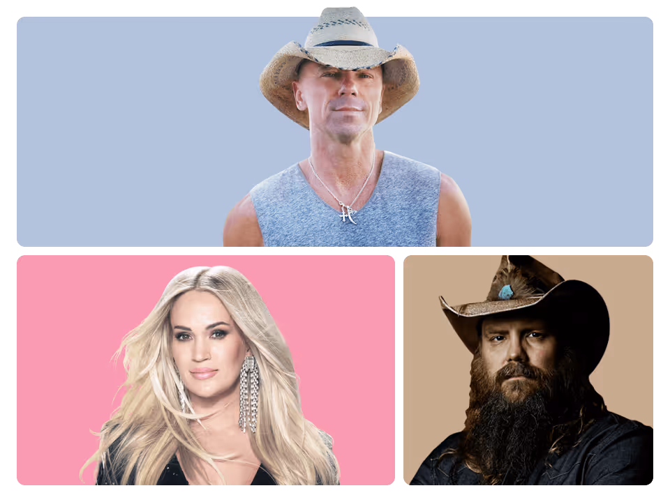 Un collage de musique country mettant en scène trois musiciens : Kenny Chesney, coiffé d’un chapeau de cowboy et vêtu d’un débardeur ; Carrie Underwood, aux longs cheveux blonds ; et Chris Stapleton, également coiffé d’un chapeau de cowboy. Écoutez de la musique country sur SiriusXM.