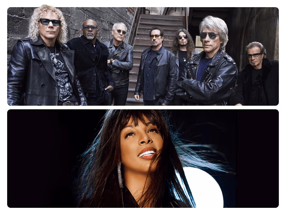 En haut : Les membres de Bon Jovi, vêtus de sombre, posent en extérieur près d’un escalier. En bas : Donna Summer, les cheveux longs et bruns, sourit, une lumière vive en arrière-plan. Écoutez des décennies de succès sur SiriusXM.