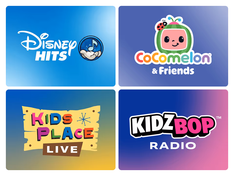 Quatre logos colorés pour la musique pour enfants : Disney Hits, CoComelon & Friends, Kids Place Live, et KIDZ BOP Radio.