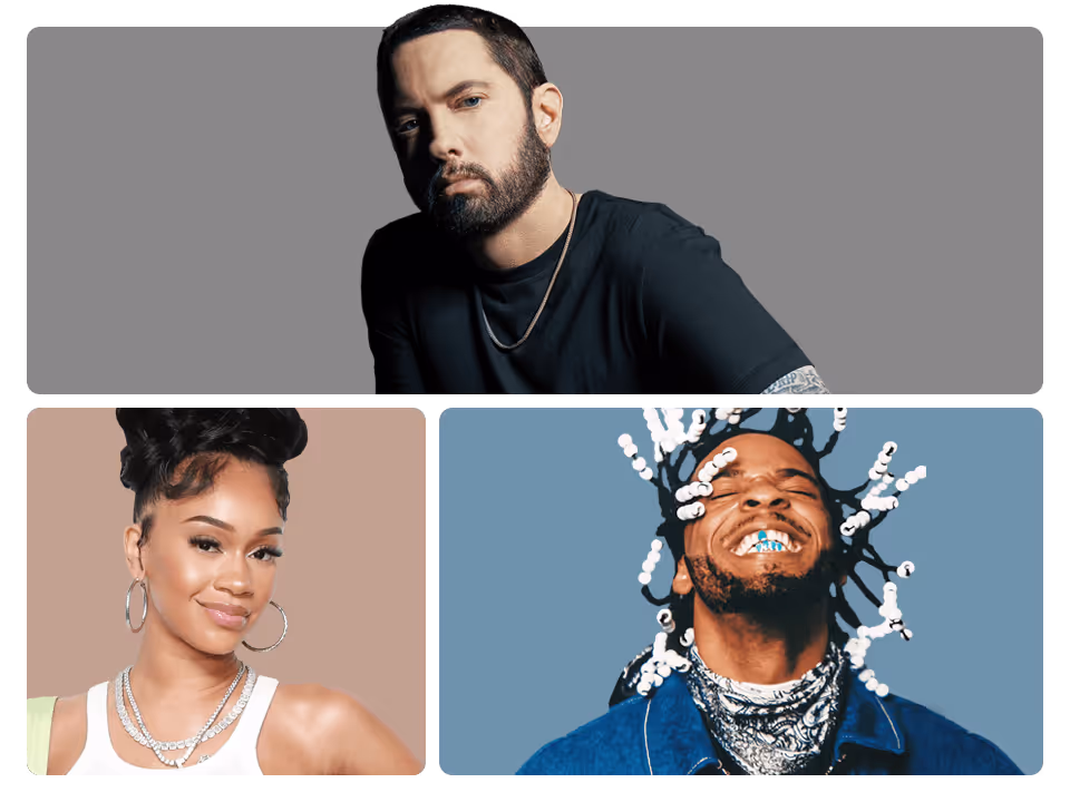 A collage of three people: a man with dark hair and a beard in the top image, a woman with styled hair and hoop earrings bottom left, and a smiling man with white hair beads bottom right.