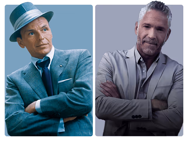Deux hommes en costume, les bras croisés : Frank Sinatra, vêtu d’un costume bleu, d’une cravate et d’un fedora – évoquant le style jazz classique –, et un autre, en costume gris clair, devant un mur gris texturé. Écoutez du jazz, du blues, des standards et de la musique classique sur SiriusXM.