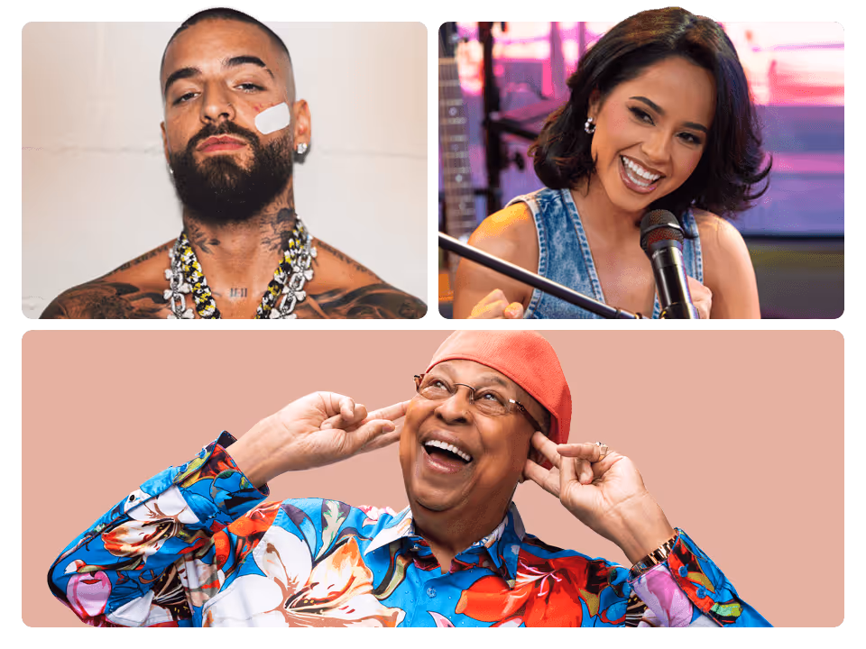 Three people—Maluma is pictured with tattoos and jewelry, Becky G is shown with short dark hair speaking into a microphone, and a smiling Chucho Valdes is in glasses and a red hat. Listen to Latino music on SiriusXM.