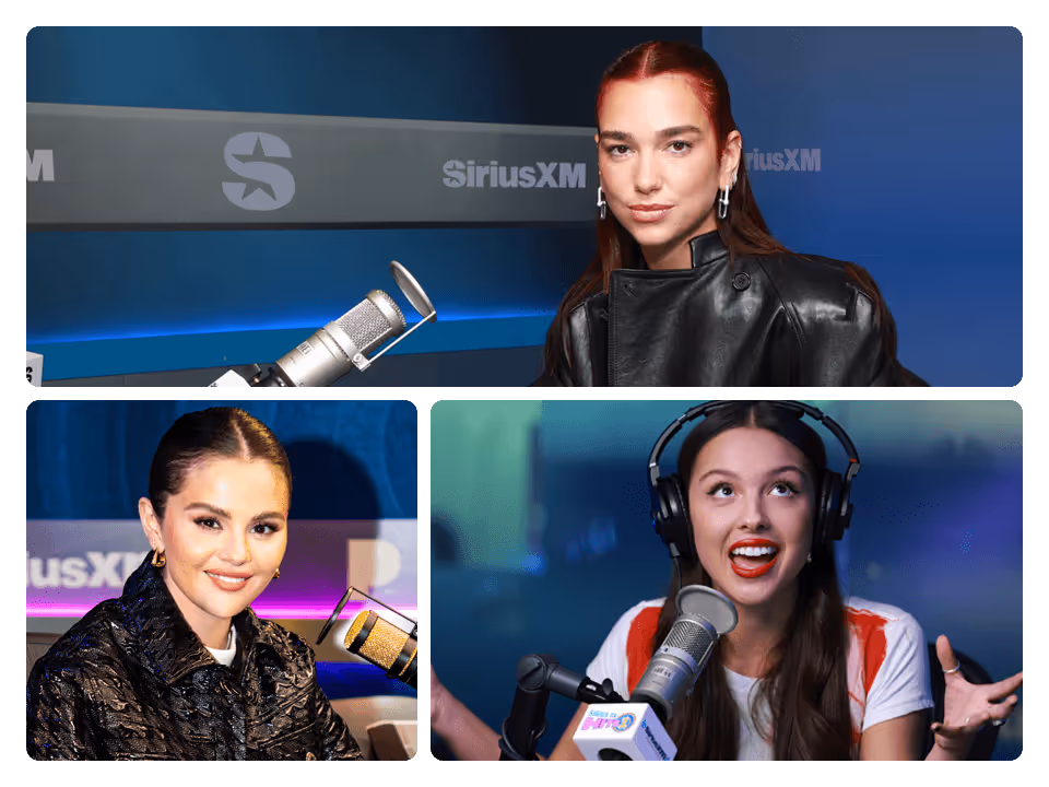 Dua Lipa, Selena Gomez, and Olivia Rodrigo are pictured in the SiriusXM studios: Dua Lipa is shown with red hair wearing a black jacket, Selena is smiling in a dark jacket, and Olivia Rodrigo is with headphones speaking energetically—all discussing music in front of microphones. Listen to pop music on SiriusXM
