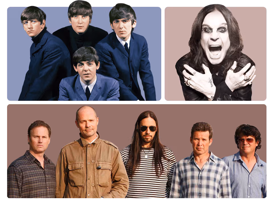 Les Beatles apparaissent en costumes assortis, Ozzy Osbourne les bras croisés et un maquillage théâtral, et les membres du groupe The Tragically Hip, tous en tenue décontractée, posent ensemble.