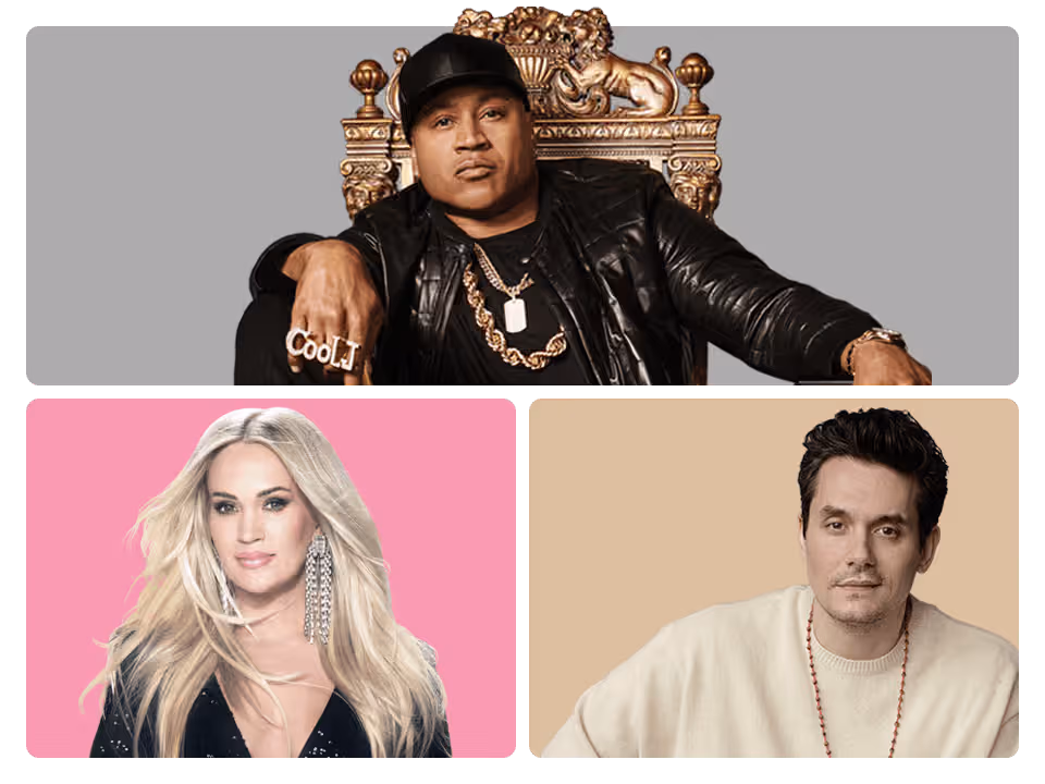 LL Cool J est photographié en veste de cuir, assis sur un trône au-dessus de photos de Carrie Underwood en pull noir et de John Mayer en pull crème, tous posant pour des portraits.