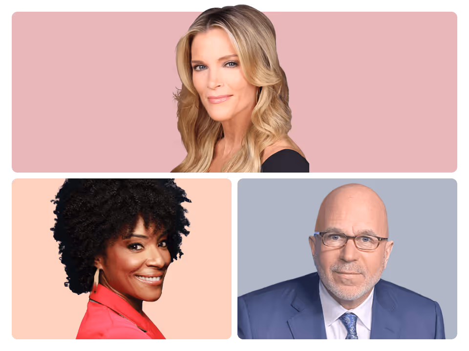 Un montage photo de trois personnes : Meygn Kelly en haut, Zerlina Maxwell (cheveux bouclés et blazer rouge en bas à gauche) et Michael Smerconish (lunettes et costume). Écoutez l’actualité sur SiriusXM.