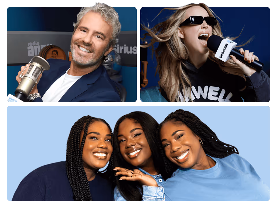 Un montage de présentateurs de SiriusXM : Andy Coen de Radio Andy sourit avec un micro, Alex Cooper d’Unwell On Air est une femme qui rit avec des lunettes de soleil et un micro, et les sœurs Smith de Radio Andy sourient toutes ensemble sur un fond bleu clair.