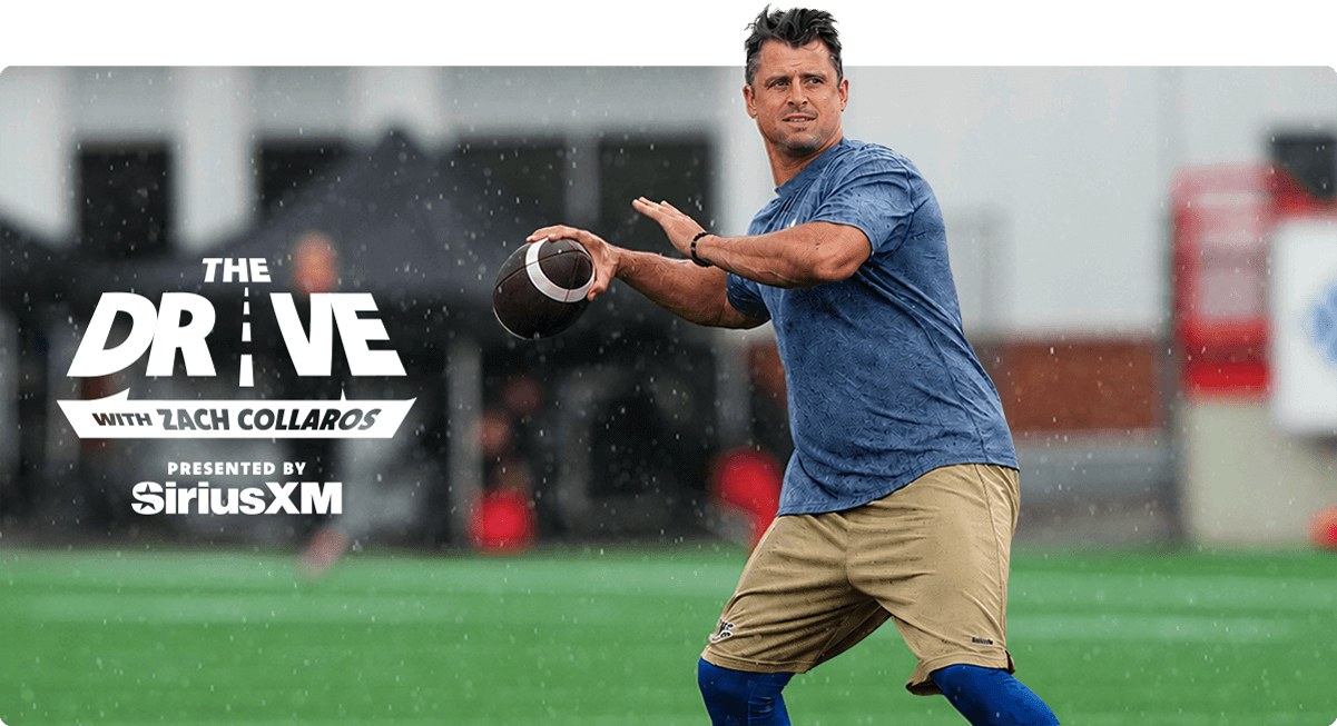 Zach Collaros is pictured in athletic clothes preparing to throw a football on a field. Text reads: The Drive with Zach Collaros presented by SiriusXM.