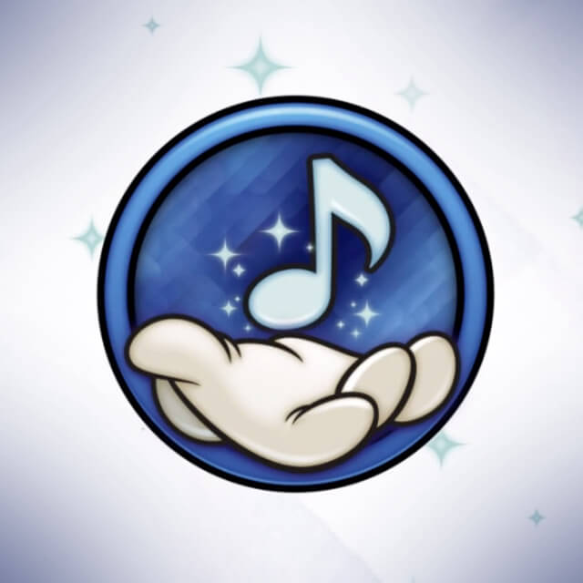A cartoon white-gloved hand holds a blue musical note with sparkles around it, inside a blue circular border on a light gradient background—perfectly capturing the whimsical spirit of Disney Hits.