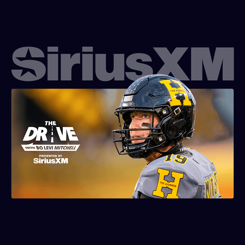 Bo Levi Mitchell in a Hamilton Tiger Cats uniform and helmet looks to the side. Large SiriusXM text and a show promotion appear above and beside him against a dark background.