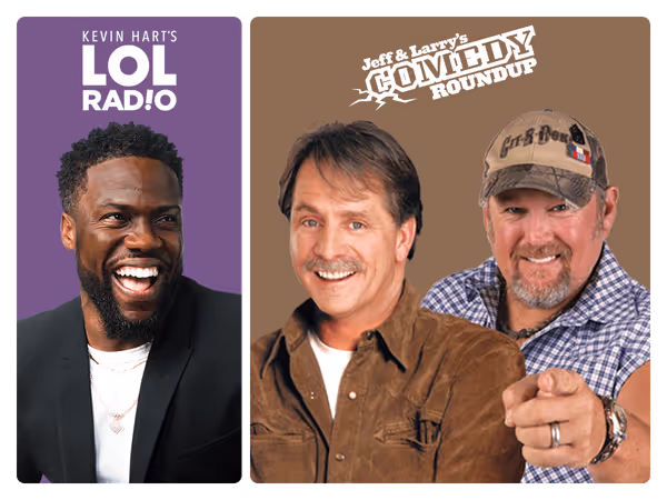 A selection of the many Comedy channels available on SiriusXM: On the left, a smiling Kevin Hart is pictured in a black blazer (Kevin Hart’s LOL Radio) On the right, Jeff Foxworthy and Larry the Cable Guy stand together(Jeff & Larry’s Comedy Roundup)