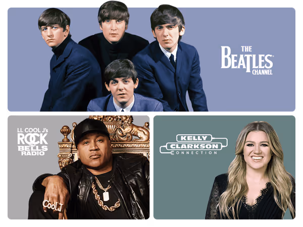 Un collage présentant une sélection des nombreuses chaînes musicales sans publicité disponibles sur SiriusXM, notamment The Beatles (The Beatles Channel), Kelly Clarkson (Kelly Clarkson Connection) et LL Cool J (Rock The Bells Radio).